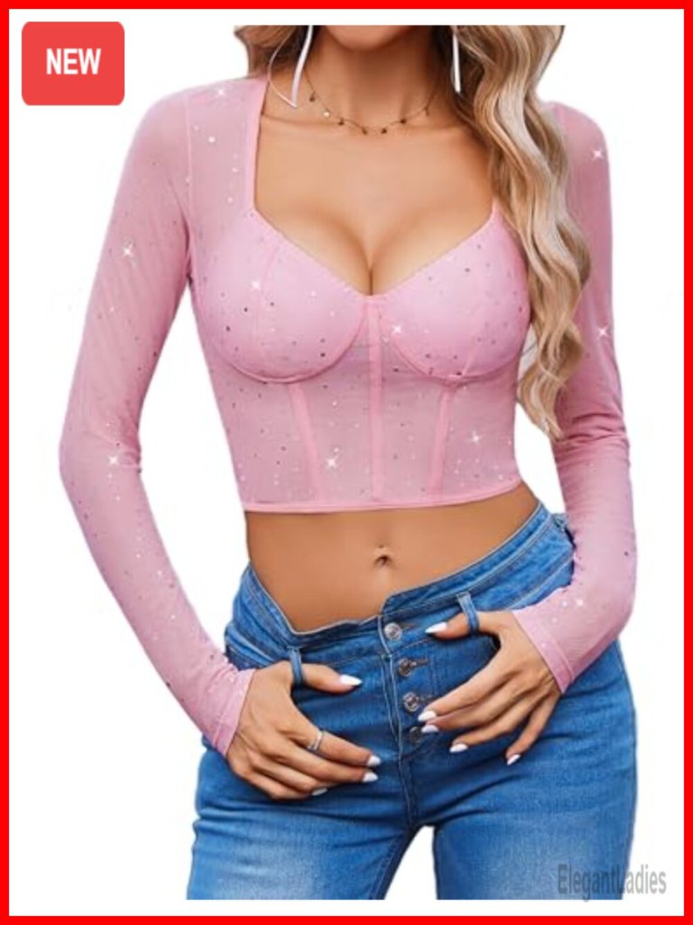 Mesh Long Sleeve Square Neck Sequin Crop Top